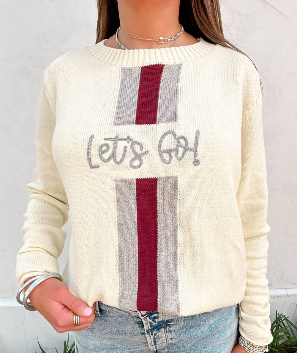 NEW PEARLS & CAMO let's go game day sweater in cream